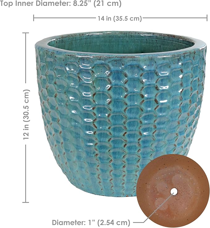 Sunnydaze 14" Raised Hexagon Pattern Glazed Ceramic Plant Pot - Features 1 Drainage Hole - 1.75 Gal Soil Capacity - Turquoise