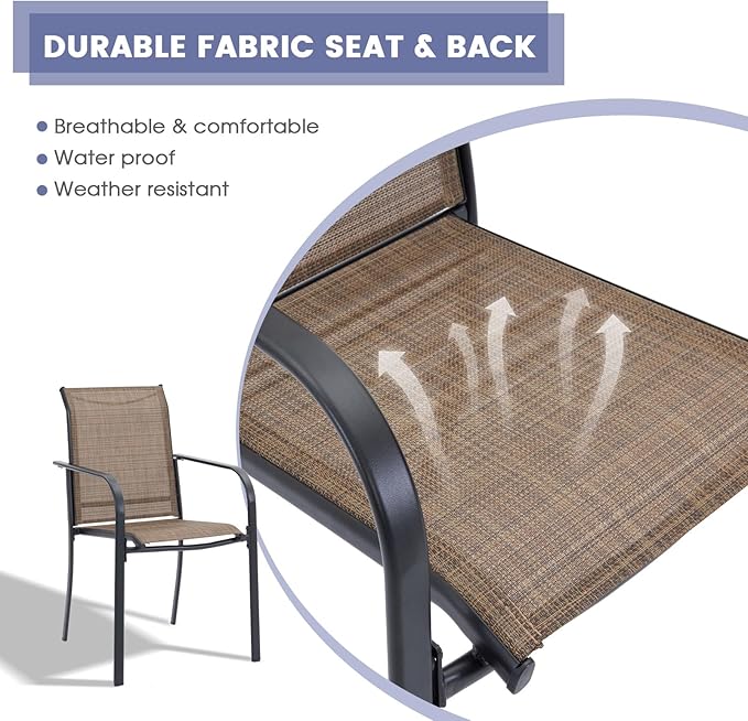 VICLLAX Patio Stackable Dining Chairs Set for 8, Outdoor Sling Chairs with Metal Frame for Front Porch Balcony Backyard Garden and Deck, Brown
