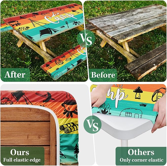 Picnic Table Cover with Bench Covers Elastic Edges, Blue Wood Camper Fitted Table Cover, Outdoor Patio Camping Essentials 72 Inch 3PCS, Waterproof Camping Fitted Tablecloth with Drawstring Bag