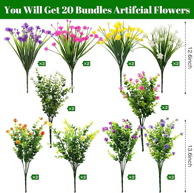 20 Bundles Spring Fake Artificial Faux Plants Flowers Outdoor, Artificial Plants UV Resistant for Garden Home Wedding Farmhouse Decor