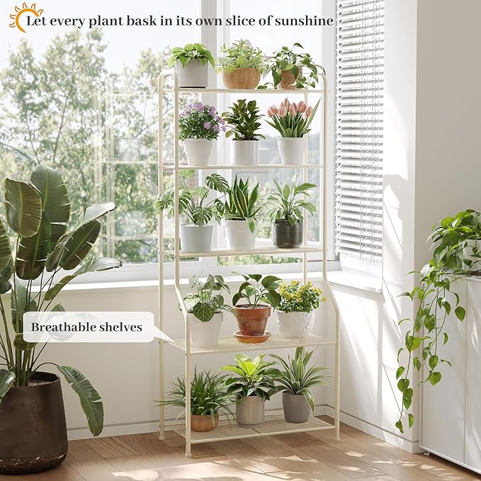 Plant Stand Indoor Outdoor for Multiple Plants, 5 Tier Tall Heavy Duty Metal Shelf, Large Flower Pot Holder Ladder for Garden, Patio, Living Room, Balcony, White