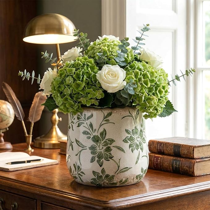 Bokon 7 x 6.3 Inch Ceramic Planter Vintage Scroll Planter Decorative Plant Pots with Crackle Glaze for Indoor Outdoor, Kitchen, Table, Shelf, Mantel, Home, Garden Decor, Gardening Gift(Country)
