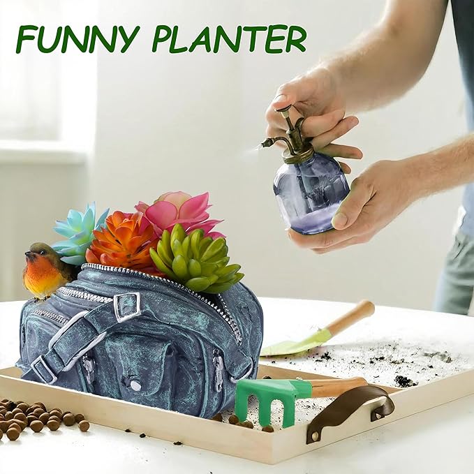 8.5"Denim Bag Bird Succulent Plant Pots,Resin Planter Flower Pots with Drainage Hole,Planting Pots for Cactus,Succulent Planters for Indoor Plants Home Garden Flower Pot Gifts for Plant Lovers