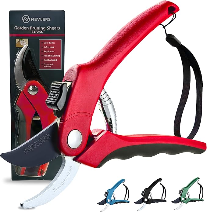 Nevlers 8" Red Bypass Pruning Shears for Gardening | Heavy Duty Garden Shears & Hand Pruners | Stainless Steel Plant Trimmer Blades w/ 8mm Cut Cap | Ergonomic Spring-Assisted Garden Clippers Handheld