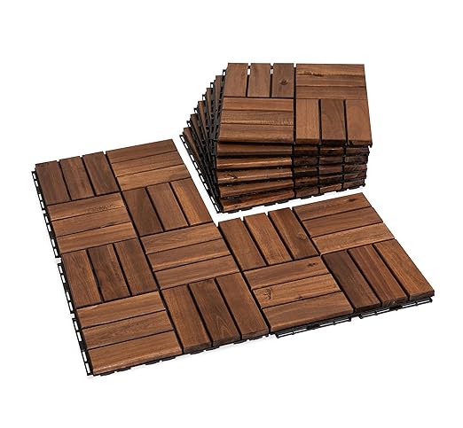 Acacia Wood Flooring Interlocking Deck Tiles for Patio Decor 9 Pcs 12 Slats VR Brown - Waterproof Indoor & Outdoor Decor - Balcony Garden Decking Tile (12.2 * 12.2 * 0.7 inches)