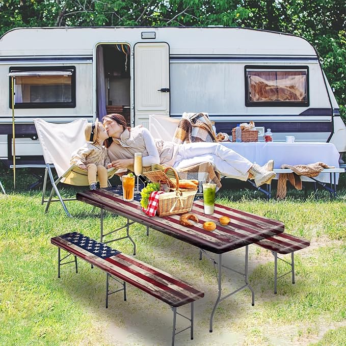 Picnic Table Cover with Bench Covers 6FT 3PCS, Camping Essentials, Fitted Camping Tablecloth Waterproof and oilproof with elastic Edge for Indoor Outdoor Patio, Retro American Flag (72inch)