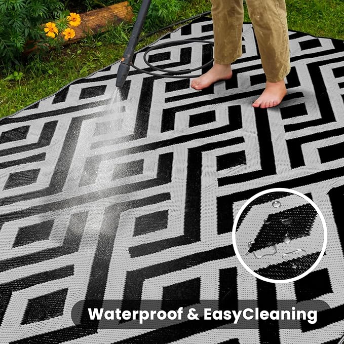 6x9 Outdoor Patio Rug with Carry Bag, Waterproof Outdoor Plastic Straw Rug RV Camping Rug, Reversible Picnic Mat Outside Carpet for Backyard, Porch, Balcony, Deck, Black & Light Grey