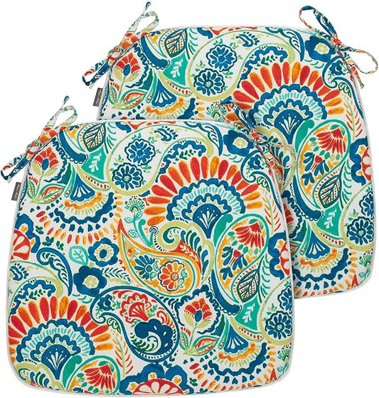 Magpie Fabrics 17"x16"x2" U-Shape Chair Cushions with Ties 2 Count, Outdoor Indoor Waterproof All Weather Seat Pads Decoration for Patio Garden Dining Office - Paisley Multi