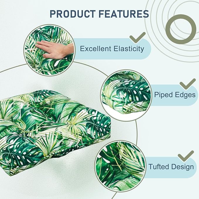downluxe Outdoor Chair Cushions Set of 2 for Patio Furniture, Waterproof Tufted Overstuffed Patio Furniture Cushions, Thick Outdoor Seat Cushion, 19" X 19" X 5", Palm Leaves