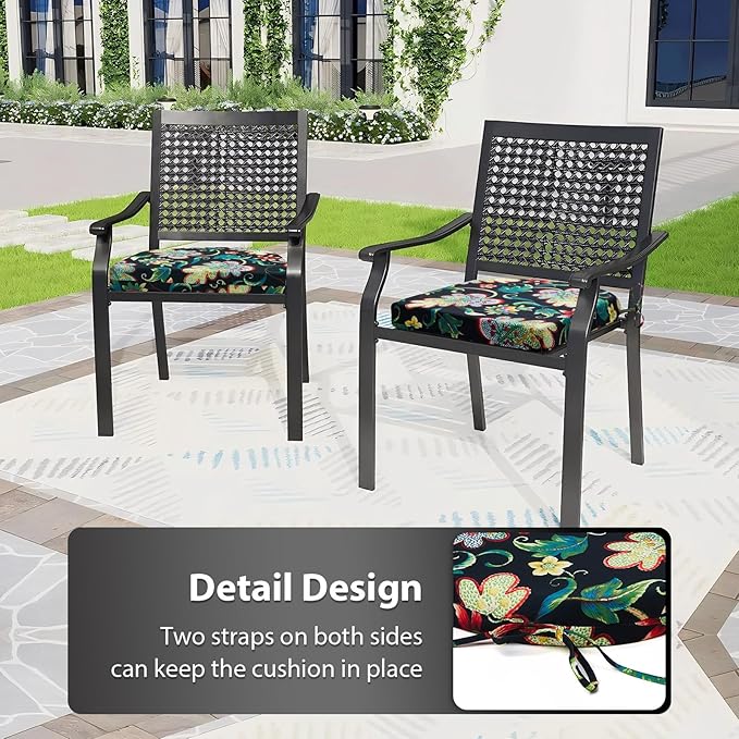 Outdoor Chair Cushions Set of 4, 17x16x2 Inch, Patio Furniture Cushions, Water Resistant, Non-Slip, Black Floral