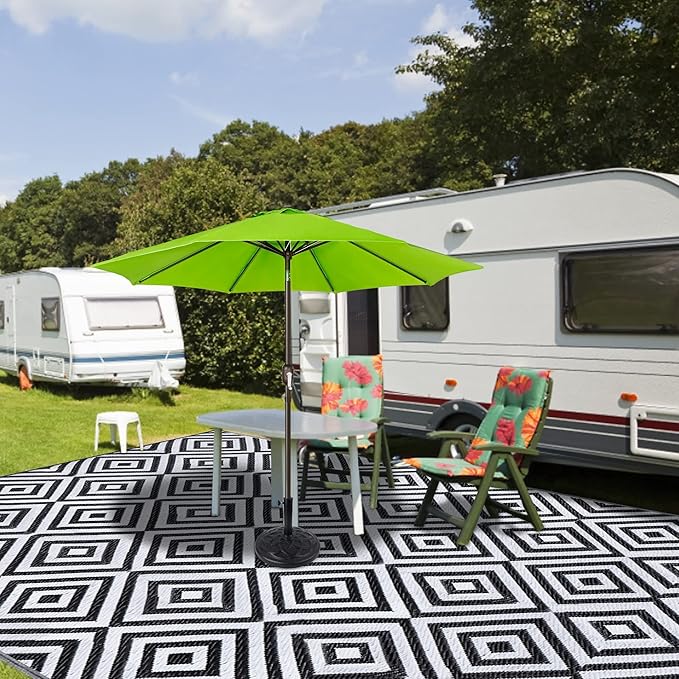 Reversible Mats, Outdoor Patio Rugs, Plastic Straw Rug, Modern Area Rug, Floor Mat for Outdoors, RV, Patio, Backyard, Deck, Picnic, Beach, Trailer, Camping (Diamond Black & White, 9' x 12')
