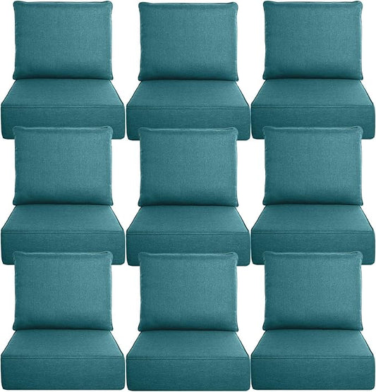 Belord Luxury 6" Thick Outdoor Cushion 9 Set - 24 x24 28D Sponge Filling Fade-Resistant Chair Cushion, Spill Proof Removable Patio Furniture Replacement Cushion for Sofa Bench Swing - Peacock Blue