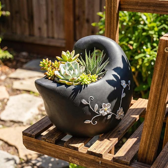 Swan Flower Pot - Unique Resin Sculpture, Enchanting Decorative Garden Planter, Elegant Swan Vase for Succulents & Air Plants, Indoor/Outdoor Use, Durable & Whimsical Design (Black)