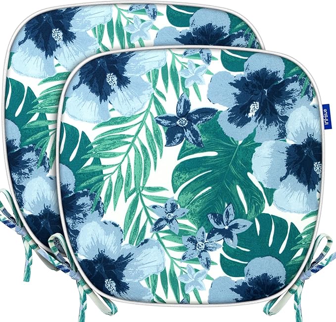 SleepMan Outdoor 17"x16" Chair Cushions with Ties Set of 2, Water Resistant All Weather U-Shape Seat Pads for Patio Garden Furniture Indoor (Set of 2, Blue Flowers)