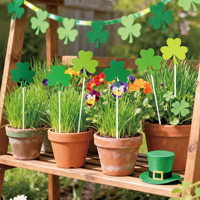 Metal St. Patrick's Day Planter Stakes - 6Pcs Green Shamrock Yard Sign Decorative Garden Stake for Planter Outdoor Backyard Pathway Lawn Plant Pot Decor St. Patrick's Day Spring Party Supply