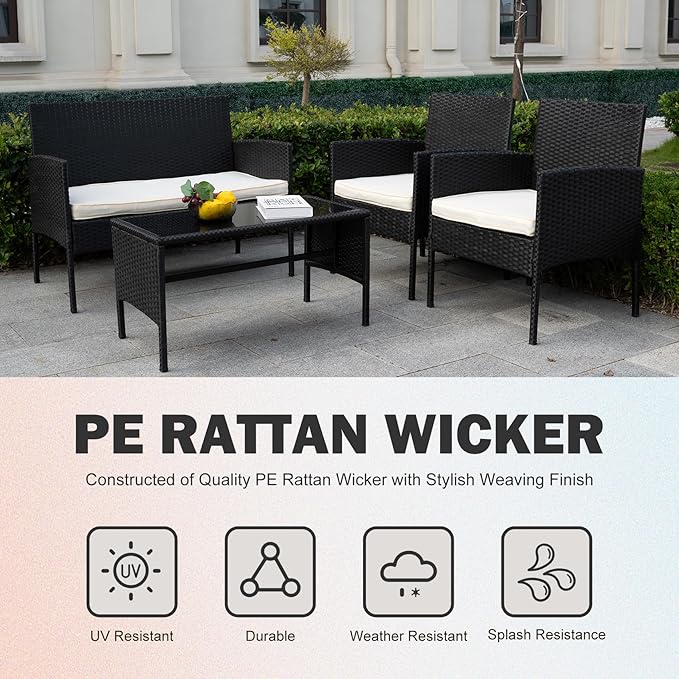 PROHIKER 4 Piece Outdoor Wicker Patio Conversation Furniture Set, Rattan Chair Wicker Sofa Garden Conversation Sets with Cushion and Glass Table for Yard Pool or Backyard