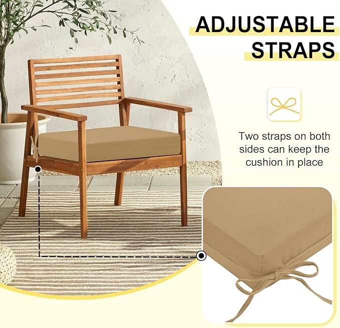downluxe Outdoor Chair Cushions Set of 4 for Patio Furniture, Water-Resistant Square Corner Patio Chair Cushions with Ties, High Density Foam Outdoor Seat Cushion, 18.5" X 16" X 3", Khaki