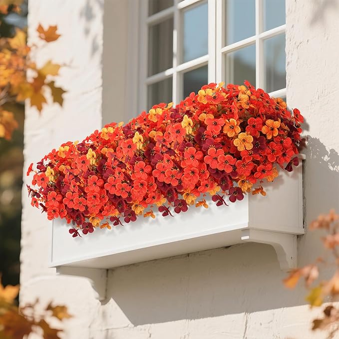 Artificial Fall Mums Flowers Plants for Outdoor Decoration, 12 Bundles Fake Faux Silk Orange UV Resistant Look Real for Autumn Front Door Porch Planter Patio Garden Home (12Pcs Orange Begonia)