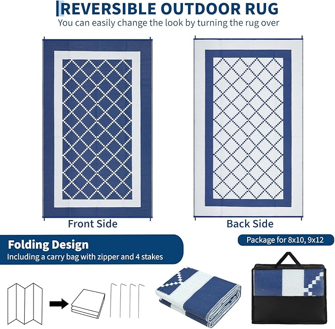 COZYLOOM Outdoor Plastic Straw Rug 9x12 Reversible Waterproof Outdoor Rug for Patio, Large Modern Boho Carpet, RV Mat for Deck, Balcony, Camping, Beach, Picnic, Navy&White