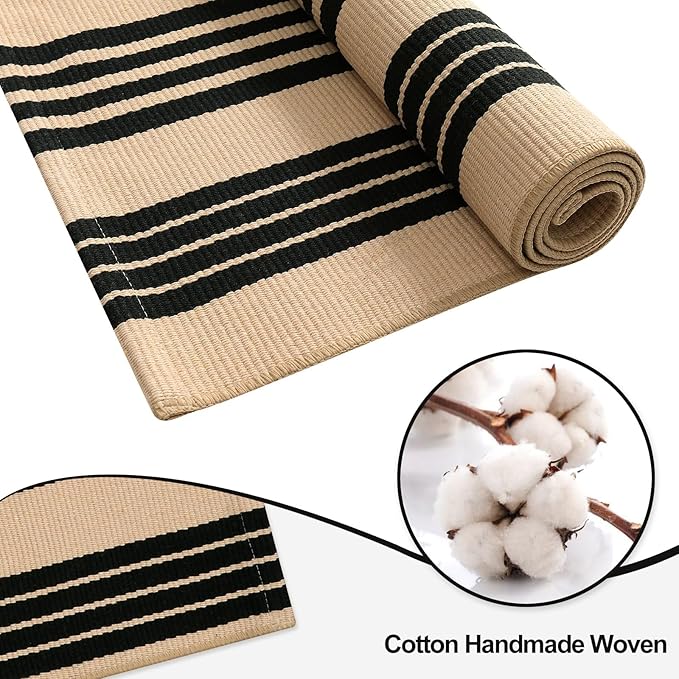 OJIA Outdoor Door Mat 27.5"x43", Black and Tan Outdoor Rugs Cotton Hand-Woven Front Door Rug Machine Washable Door Mats Striped Entry Rug for Front Porch/Farmhouse/Kitchen/Entryway/Outdoor Decor