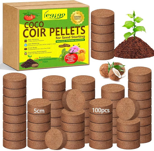 Legigo 100 Pcs 50mm Coco Coir Pellets Seed Starter Soil Mix- Organic Coconut Coir Potting Soil Pods for Seedling, Coco Peat Soil Discs for Indoor & Outdoor Plants Bonsai Herbs Vegetables and Flowers
