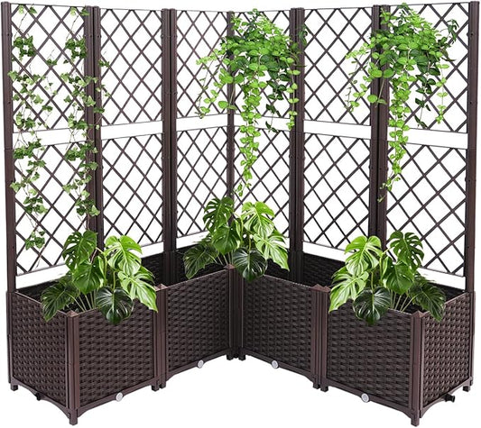 5PCS Raised Garden Bed with Treliis, Freestanding Garden Planter, Detachable Outdoor Planter Box, Vertical Garden Beds with Water Storage Mechanism for Climbing Growing, Backyard (Brown)