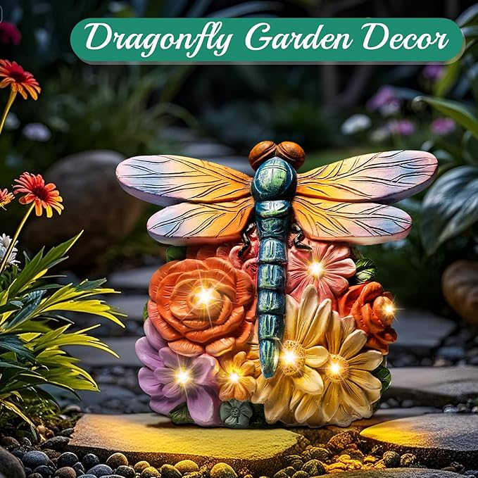 Linkax Birthday Gifts for Women Mom Grandma Sister, Solar Dragonfly Lights Garden Decor, Outdoor Solar Dragonfly Figurine for Outside Patio Yard Front Porch Home, Gardening Housewarming Gifts New Home