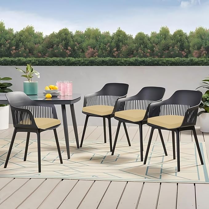 Outdoor Chair Cushions Set of 4, 17 x 16 Inch Patio Furniture Cushions, Water Resistant, Non-Slip Ties (Khaki)