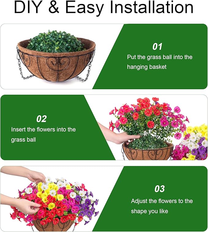 2 Set Artificial Hanging Flowers Fake Plants Baskets for Outdoors Spring Decor , 24 Pcs UV Resistant Faux Morning Glory with 2 Hanging Planters Realistic Silk Flowers for Outside Porch Patio Outdoor