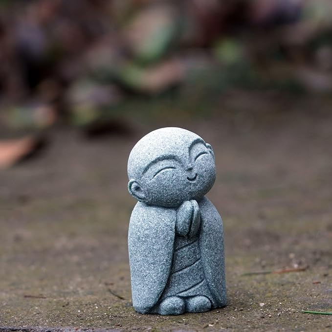 OwMell Japanese Jizo Monk Statue, Buddha Jizo Figurine Memorial Aquarium Statue Ornament - Tilt Smile