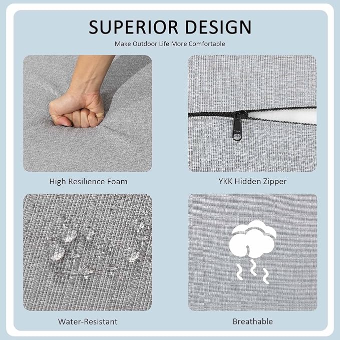 21.5x25.5 Inch Outdoor Deep Seat Cushions Set of 2,Thick High-Density Foam, Water-Resistant, Piped Edges & YKK Hidden Zipper for Patio Furniture,Stone Gray