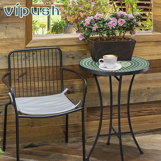 Vipush Mosaic Outdoor Side Table, 14" Round Folding Plant Stand for Patio Garden Backyard Balcony Porch Indoor Accent End Table for Living Room, Ceramic Tabletop with Black Iron, Green