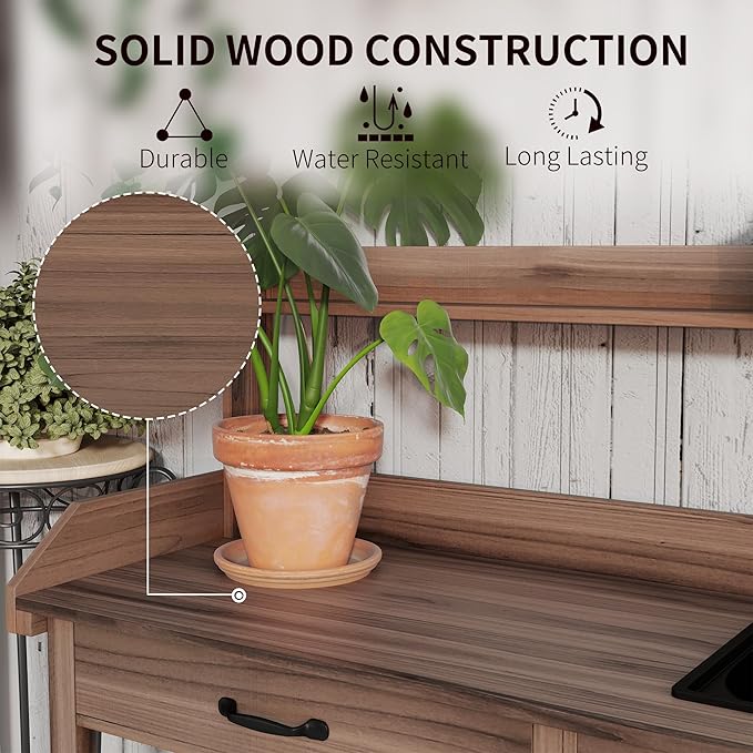 Outsunny Potting Bench Table, Outdoor Garden Table Wooden Work Station with Removable Sink, Faucet, Drawer, Shelves, Hooks, Dark Brown