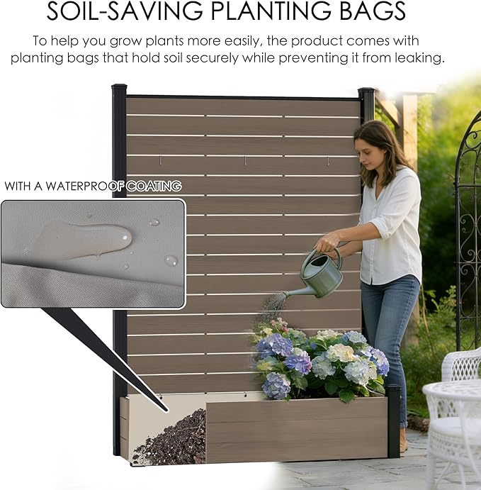 Kozyard Privacy Screen with Planter, 70" H x 51" W Outdoor Garden Screen, Waterproof Aluminum Frame with Thick Wood-Plastic Boards, Decorative Privacy Screen for Patio, Balcony & Backyard Beige