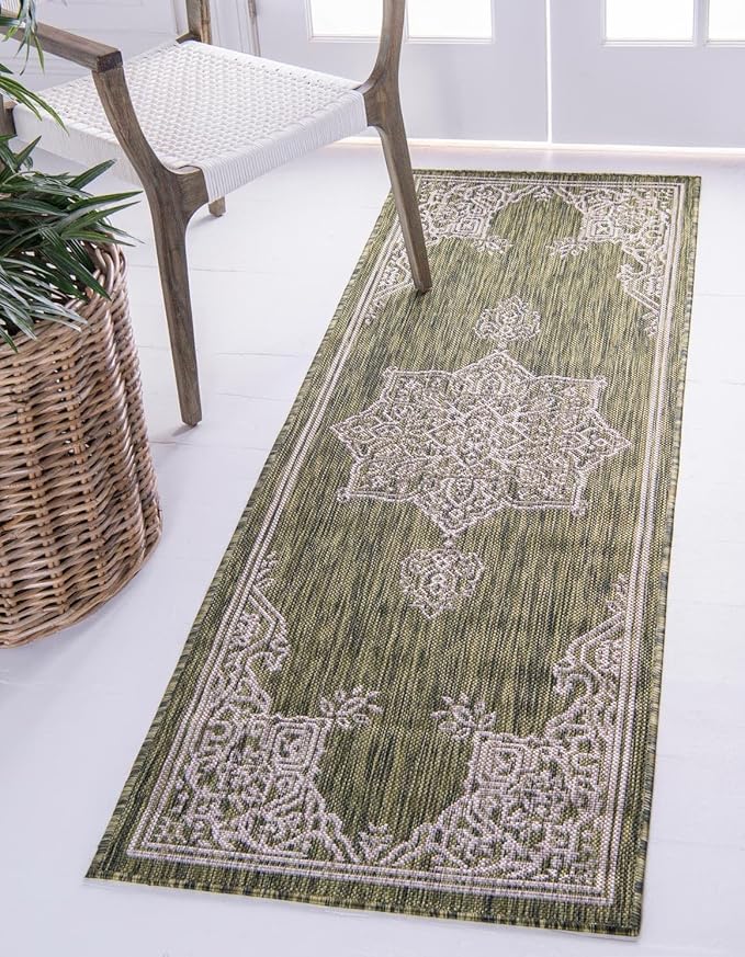 Unique Loom Outdoor Traditional Collection Area Rug - Antique (2' 7" x 10' Runner Green/Ivory)