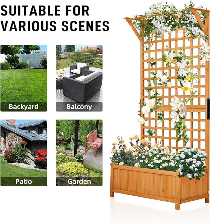 Outvita 72" H Outdoor Raised Garden Bed with Trellis & Roof, Wood Planter Box Equipped with Drainage for Vine Climbing Plants and Flowers Herbs in Balcony, Garden, Patio(Orange)