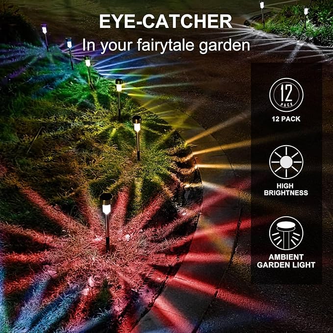 Solar Lights Outdoor Waterproof, Stainless Steel LED Landscape Lighting, Solar Garden Lights, Outdoor Valentines Day Decorations for Yard, Pathway, Walkway, Patio, Lawn - 12 Pack ( Multicolor )