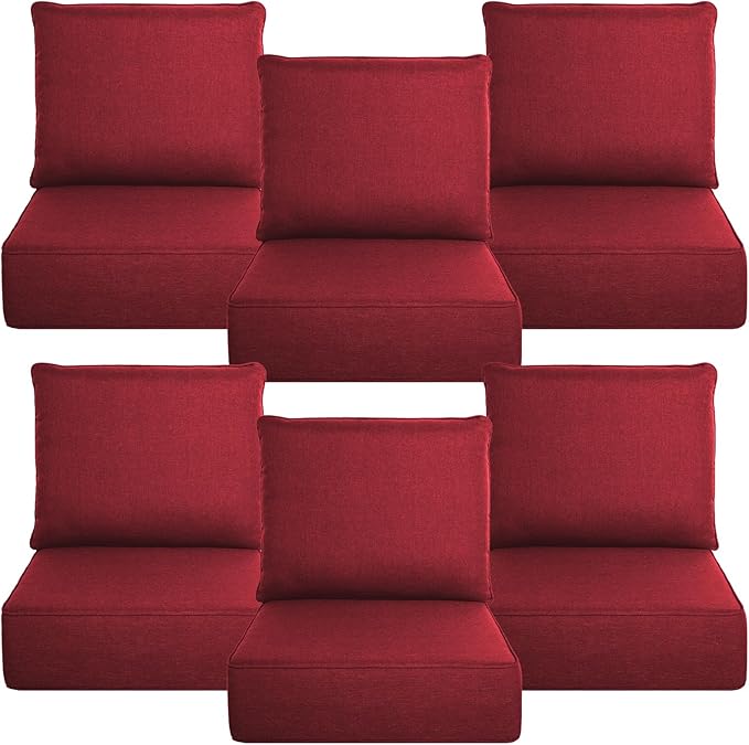 Belord Luxury 6" Thick Outdoor Cushion 6 Set - 24 x24 Inch 28D Sponge Filling Fade-Resistant Chair Cushion, Spill Proof Removable Patio Furniture Replacement Cushion for Sofa Bench Swing - Red