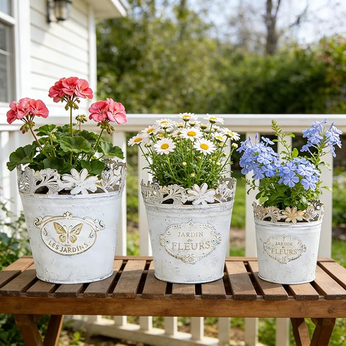 Set of 3 Vintage French Country Planters, Distressed White Metal Flower Pots with Lace Cutout Rim, Le Jardin Embossed Plant Pots for Succulents, Herbs, Indoor Outdoor Home Garden Decor