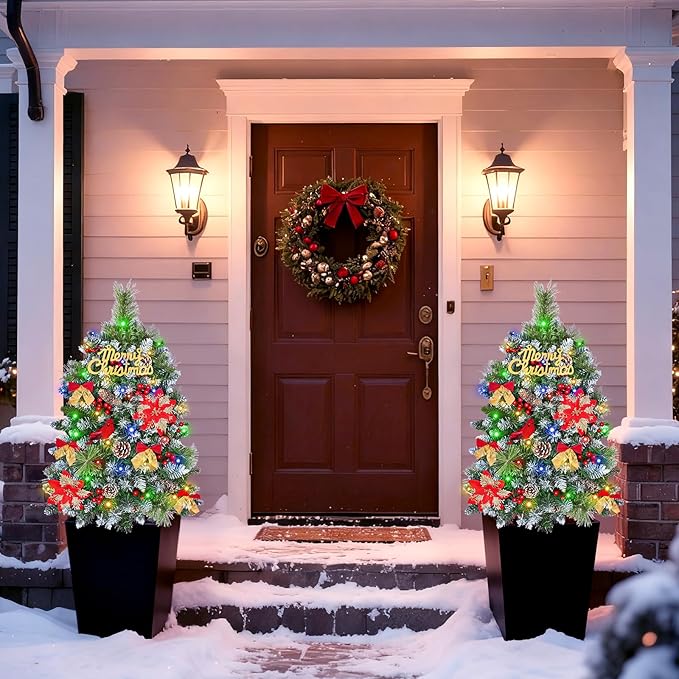 MARTINE MALL Set of 2 Outdoor Christmas Tree with Lights, 30in Christmas Urn Filler Christmas Planter Filler Outdoor Holiday Planter Bushes with Poinsettia Cardinal Birds for Front Porch Pathway