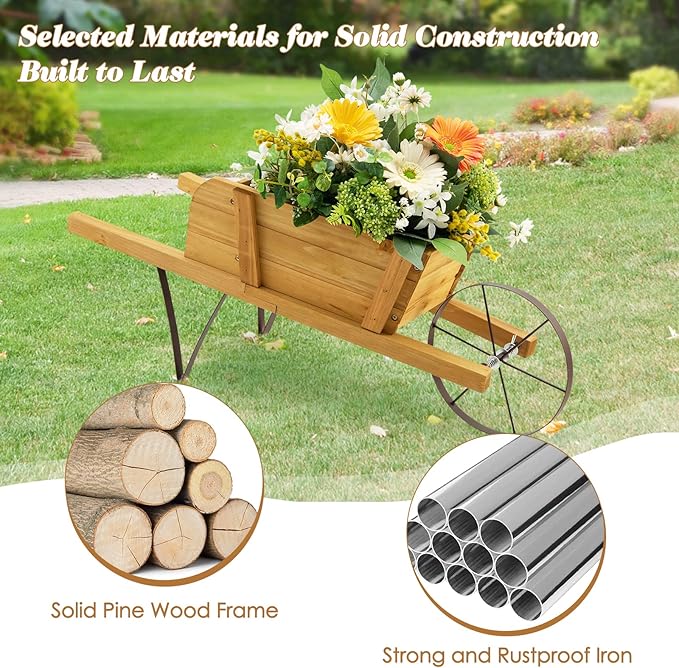 S AFSTAR Wood Wheelbarrow Planter, Flower Plant Pot Cart w/Metal Wheel & 9 Replaceable Magnet Accessories, Wooden Wagon Planter Decor for Outdoor Garden Backyard (Natural)