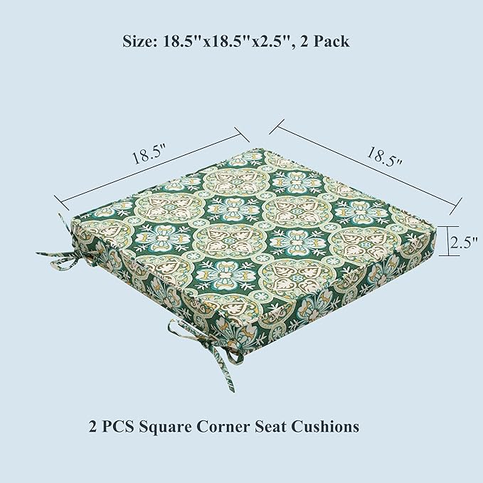 FUNHOME Patio Chair Cushions 18 x 18 x 2.5 Inch,Water-Resistant Outdoor Seat Cushions for Patio Furniture 2 Pack, Sqaure Chair Pads for Wicker Chair Seat, Green Medal