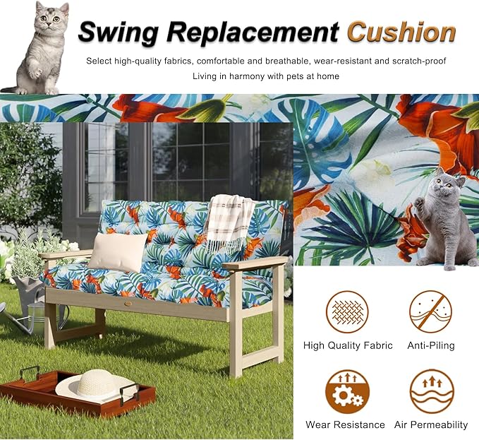 2-3 Seat Swing Replacement Cushion, Outdoor Bench Cushions with Backrest Thicken 4", Patio Furniture Garden Porch Loveseat Glider Pad Anti-Fading Waterproof (Hawaiian Flower, 40x47in)