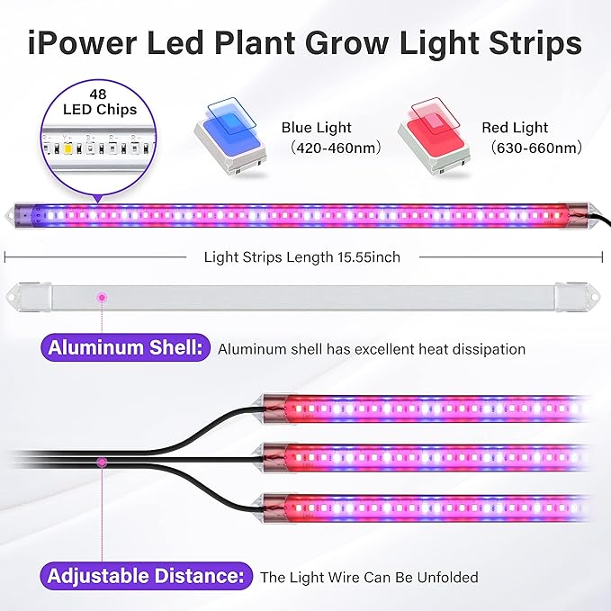 iPower 2Pack 40W LED Grow Lights with Full Spectrum Plant Growing Light Strips for Indoor Plant with Auto ON/Off 3/9/12H Timer, 10 Dimmable Levels 48 LEDs Per Tude, 3 Tubes, Red&Blue