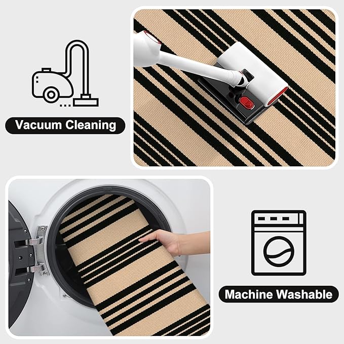 OJIA Outdoor Rug 3'x5', Black and Tan Area Rug Machine Washable Rugs Cotton Hand Woven Entry Rug Indoor Outdoor Striped Carpet for Front Porch/Deck/Backyard/Camping/Outdoor Decor