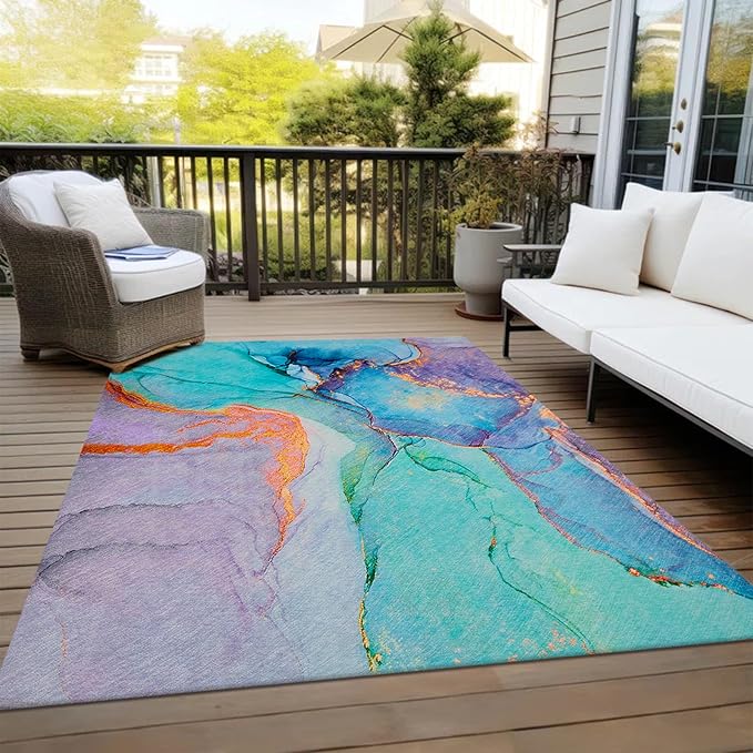 Abstract Washable Indoor Outdoor Rug, 8' x 10', Teal, Stain Resistant, Easy Clean, Modern Marble Abstract Teal Rug for Indoor/Outdoor Patio, Deck, Porch, Garden, Courtyard