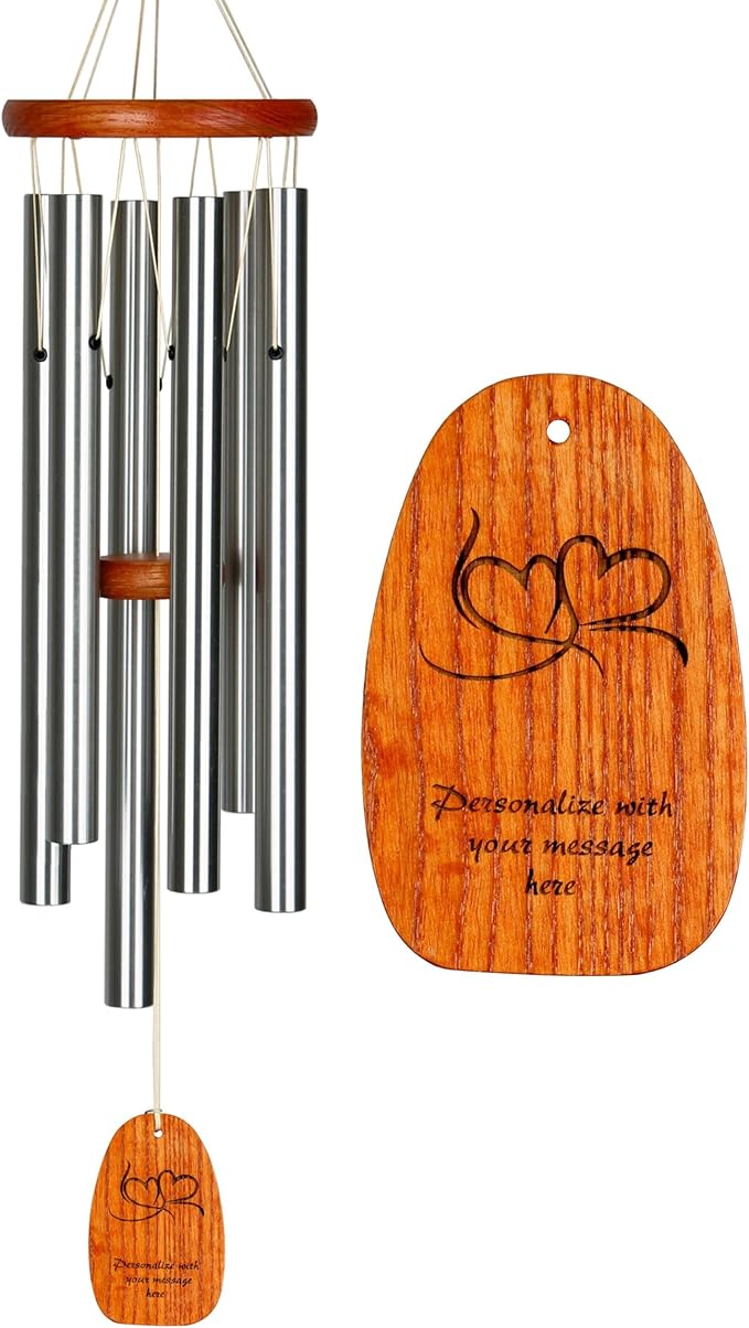 Woodstock Wind Chimes Personalized Amazing Grace Memorial Chime for Outside 24'' Medium Silver Customized Double Heart Wind Chime for Outdoor Patio Home Garden Décor & Wedding Gift (P-AGMS15)