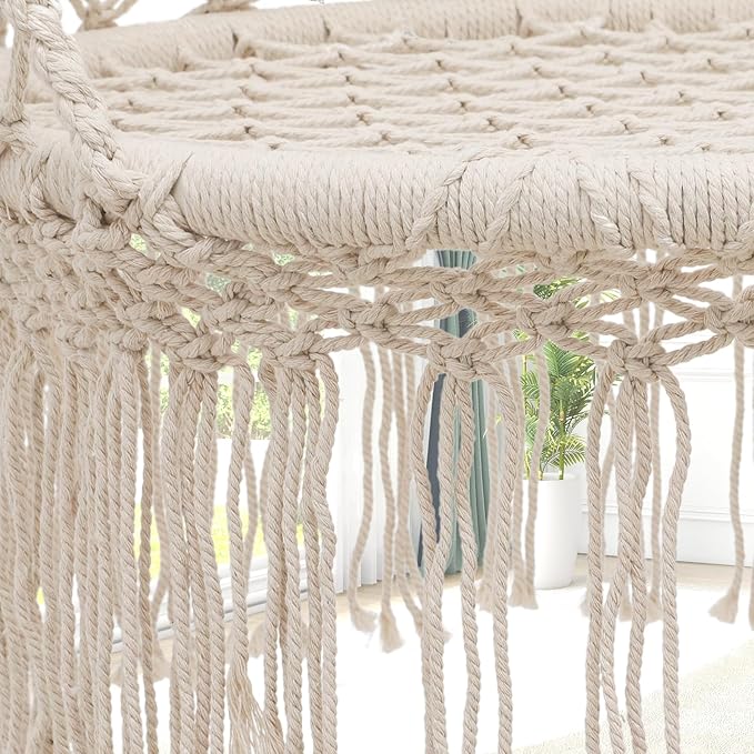 Athena Collection Hammock Swing Chair with Cushion, Outdoor Macrame Chair with Mounting Hardware, Max 350 Lbs, Large Cotton Rope Hanging Chair for Outdoor Indoor Porch Garden, Beige