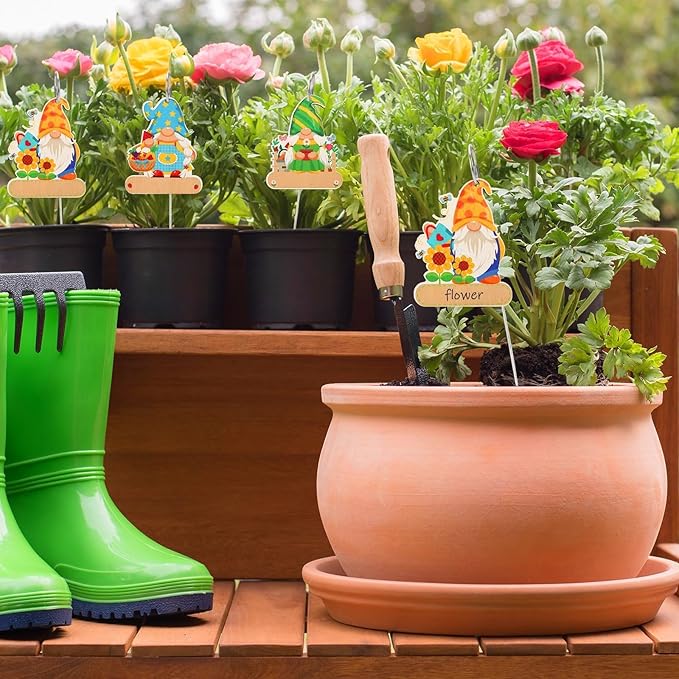UPINS 24 Pack Gnome Plant Markers for Outdoor Garden, Waterproof Wooden Plant Label Stakes Tags, Herb Name Tags with A Marker, Garden Supplies for Gardening Gifts