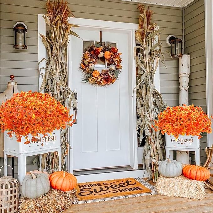 12 Bundles Artificial Fall Fake Mums for Outdoor, Autumn Faux Mums Flowers UV Resistant Plastic Greenery Garden Porch Patio Fall Thanksgiving Home Decor